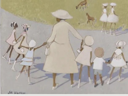 Jill Walker watercolour — woman walking with children